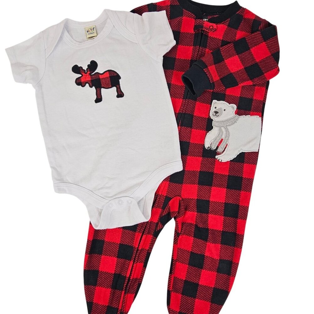 Babies 18M Red Plaid Footless Sleeper Moose Romper Outfit Set Cabincore‎ Check